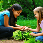 A diverse group of children and young adults, fully clothed in modest, appropriate attire, are gently interacting in a vibrant natural park setting. They are observing a small plant together, with expressions of shared curiosity and cooperation. The environment is lush with green foliage and natural light, suggesting a tranquil outdoor classroom. Perfect anatomy, correct proportions, natural poses, well-formed hands, proper finger count. Professional photography, high quality, safe for work, appropriate content, fully clothed, family-friendly.