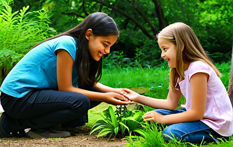 A diverse group of children and young adults, fully clothed in modest, appropriate attire, are gently interacting in a vibrant natural park setting. They are observing a small plant together, with expressions of shared curiosity and cooperation. The environment is lush with green foliage and natural light, suggesting a tranquil outdoor classroom. Perfect anatomy, correct proportions, natural poses, well-formed hands, proper finger count. Professional photography, high quality, safe for work, appropriate content, fully clothed, family-friendly.