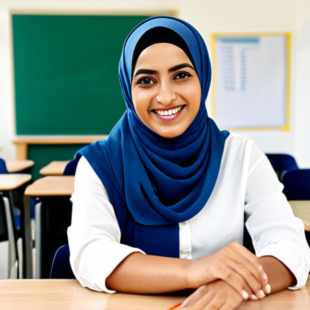 자연 연결 교육 프로그램의 비영리 조직과의 협력 - **Subject:** A female teacher in a hijab and modest professional attire, smiling warmly in a bright ...