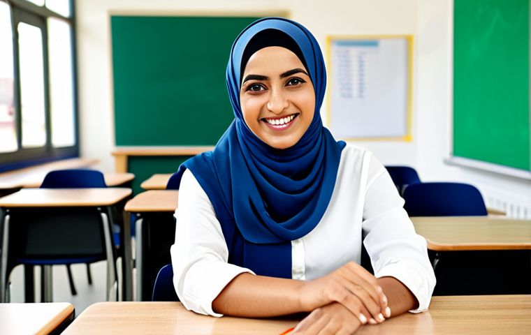 자연 연결 교육 프로그램의 비영리 조직과의 협력 - **Subject:** A female teacher in a hijab and modest professional attire, smiling warmly in a bright ...
