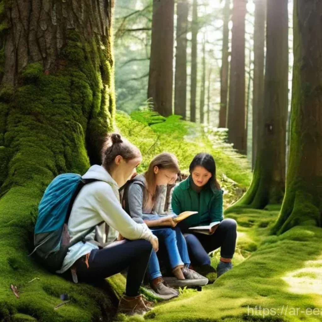 자연 연결 교육 프로그램에서의 멘토링 효과 - **Prompt:** A serene and inspiring scene in a sun-dappled forest clearing. A diverse group of young ...