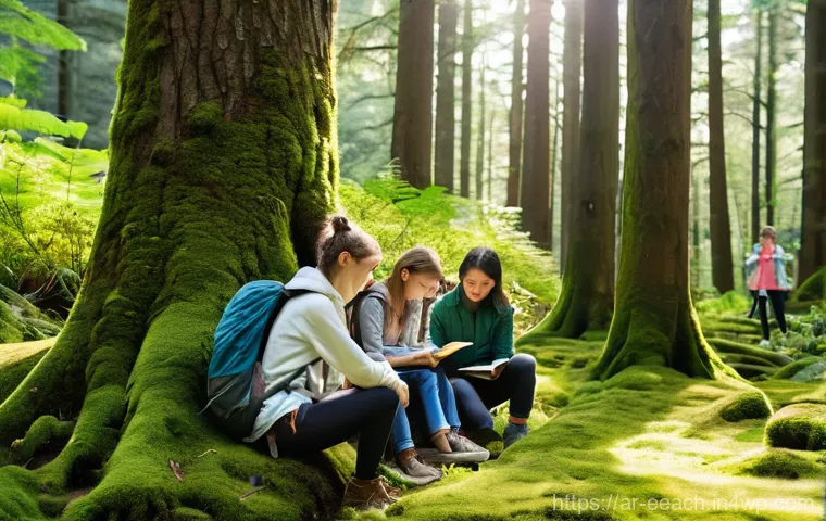 자연 연결 교육 프로그램에서의 멘토링 효과 - **Prompt:** A serene and inspiring scene in a sun-dappled forest clearing. A diverse group of young ...