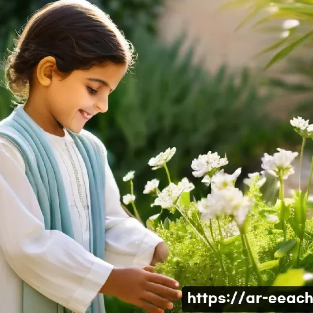 자연 연결 교육의 감정적 성장 지원 방안 - **Prompt: A joyous and serene Arab child, approximately 7-8 years old, playing freely in a lush, sun...
