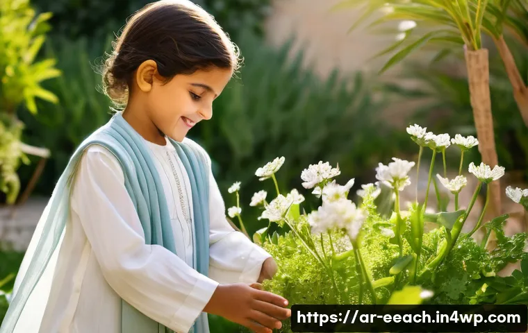 자연 연결 교육의 감정적 성장 지원 방안 - **Prompt: A joyous and serene Arab child, approximately 7-8 years old, playing freely in a lush, sun...