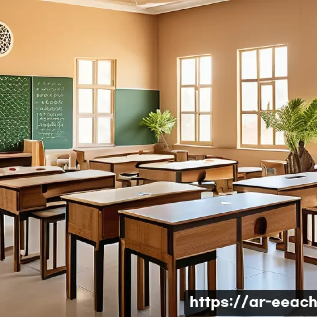 자연 연결을 통한 학습 환경 개선 전략 - A bright and spacious classroom in an Arabic school featuring natural elements inspired by Middle Ea...