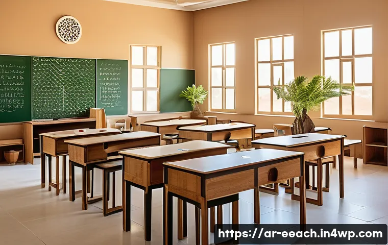 자연 연결을 통한 학습 환경 개선 전략 - A bright and spacious classroom in an Arabic school featuring natural elements inspired by Middle Ea...