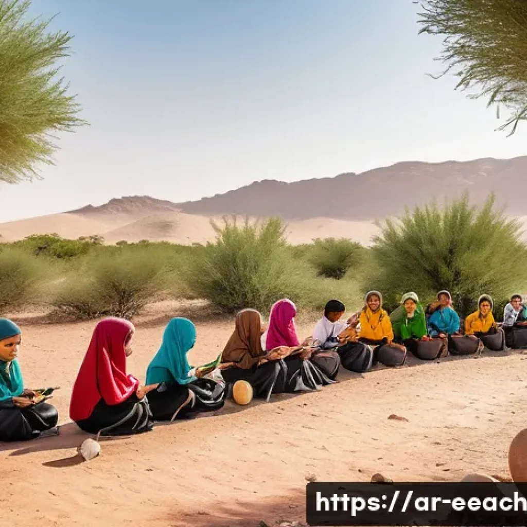 자연 연결 교육 프로그램과 환경 교육의 관계 - A vibrant outdoor classroom scene in an Arab cultural setting, showing a diverse group of children a...
