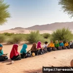 Home 22 자연 연결 교육 프로그램과 환경 교육의 관계 - A vibrant outdoor classroom scene in an Arab cultural setting, showing a diverse group of children a...