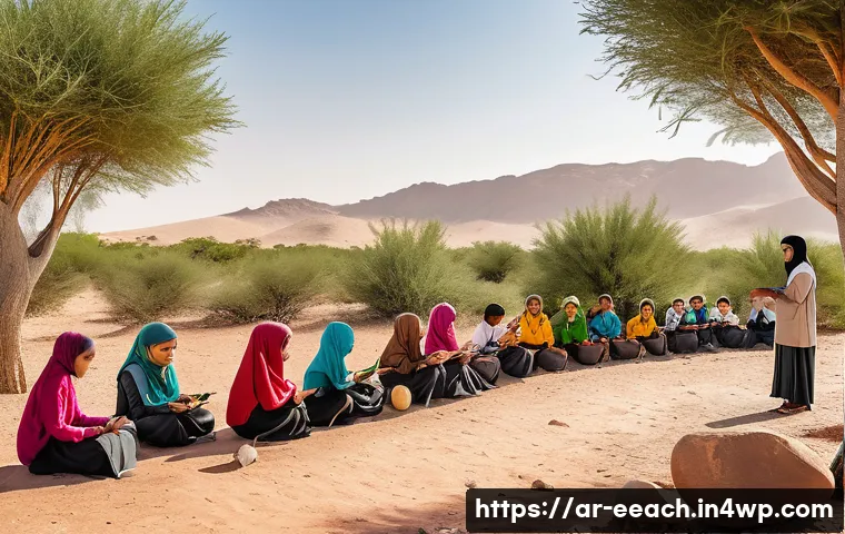 자연 연결 교육 프로그램과 환경 교육의 관계 - A vibrant outdoor classroom scene in an Arab cultural setting, showing a diverse group of children a...