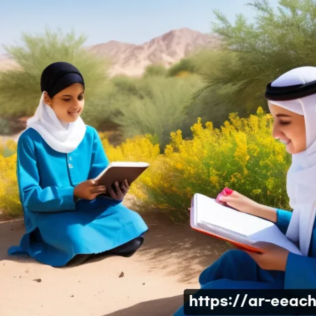 자연 연결 교육 프로그램 설계의 기준 - A vibrant outdoor classroom scene in a Middle Eastern desert environment during springtime, featurin...