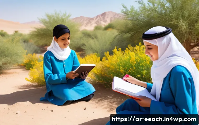 자연 연결 교육 프로그램 설계의 기준 - A vibrant outdoor classroom scene in a Middle Eastern desert environment during springtime, featurin...