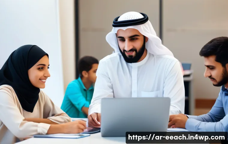 자연 연결 교육 프로그램에서의 경제적 이점 - A modern Arab classroom scene showing diverse adult students engaged in a blended learning environme...