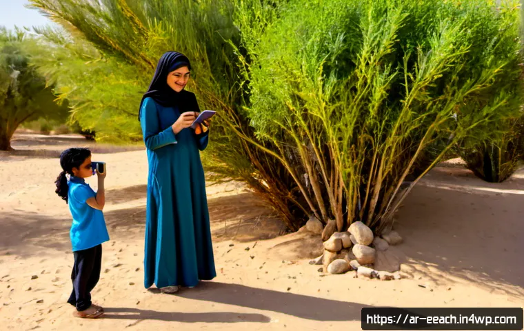 Home 17 자연 연결 교육 프로그램의 성공적인 마케팅 전략 - Photorealistic outdoor education program in a lush desert oasis, an Arab female educator in modest c...