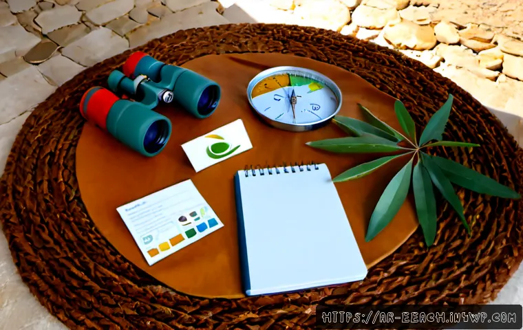 Home 17 자연 연결 교육 프로그램에서 사용하는 도구들 - Photorealistic outdoor nature-connection education toolkit arranged neatly on a woven palm-fiber mat...