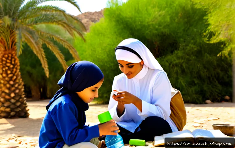 Home 17 자연 연결 교육 프로그램의 필수 자료와 도구 - Photorealistic outdoor nature-connection education session in a peaceful Arab oasis garden, a warm f...