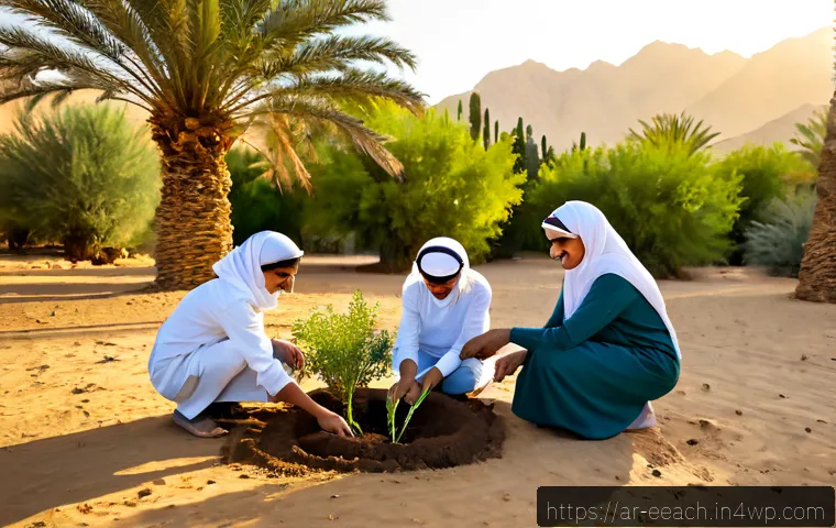 자연 연결 교육 프로그램의 커뮤니티 참여 효과 - Photorealistic community nature education gathering in a sunlit desert oasis garden, Arab families, ...